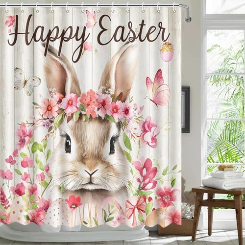 Happy Easter Shower Curtain Spring Flower Bunny Shower Curtain for Bathroom - Picture 2 of 7