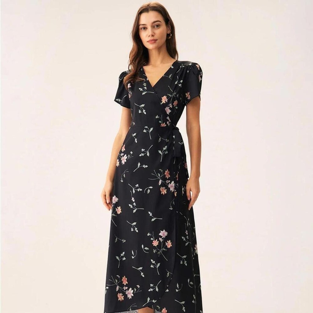 RIHOAS Black Floral Wrap Maxi Dress S