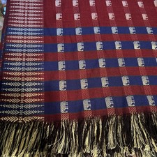 Navy  Red Pashmina Style Shawl Gold Metallic Elephants Fringed 40  x 68  EUC