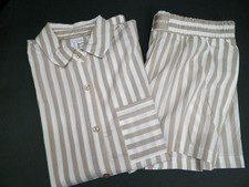 Joyspun Women  s PJ Set Button Up Shirt Shorts Tan White Stripe Sz XS 0-2