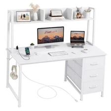Computer Desk with Hutch & Drawers - Office Desk with 3 Storage 47.2" White