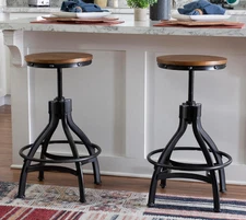 Distressed Black Metal Wood Seat Adjustable Height Backless Swivel Stool Set (2)