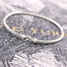 David Yurman 3mm Sterling Silver Diamond Cable Buckle Bangle Bracelet Medium