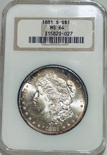 1881 S Morgan Silver Dollar NGC MS64 Nicely Toned/Old Fatty Holder