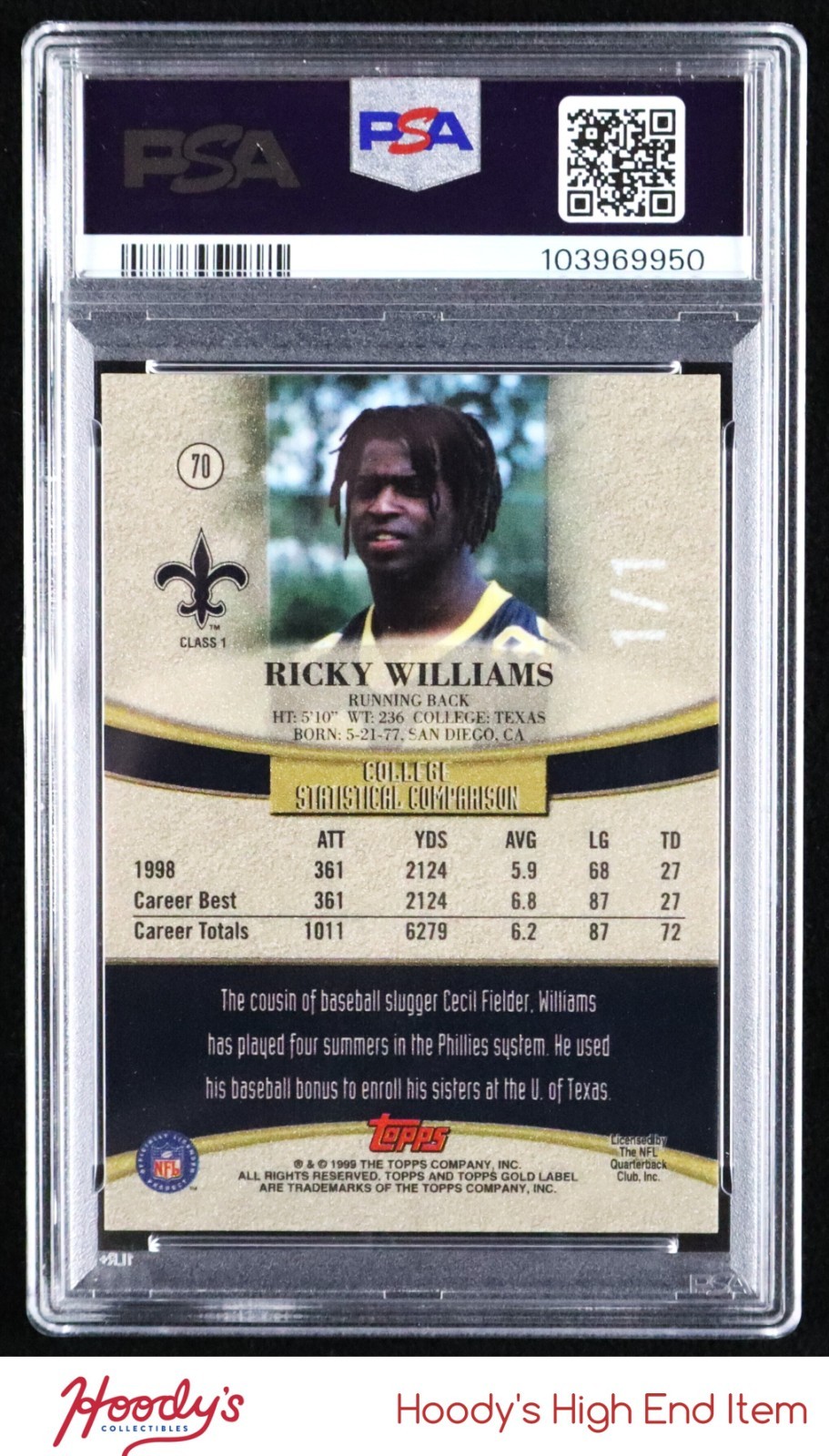 1999 Topps Gold Label Class 1 Black Ricky Williams RC Rookie 1/1 PSA 6 SAINTS view 2