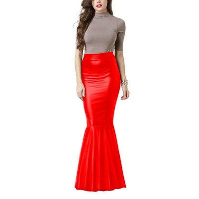 PU Leather Pencil Skirt High Waist Mermaid Skirt High Elastic Trumpet Skirts