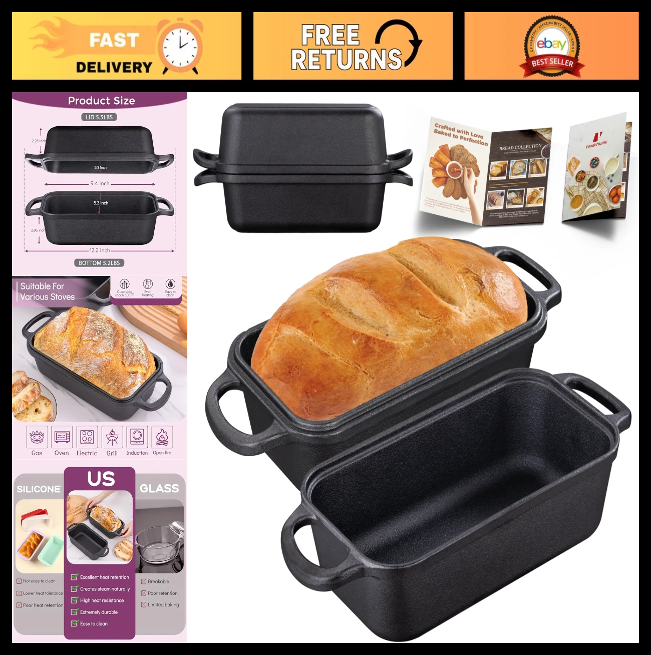 "9x5 Inch Cast Iron Loaf Pan with Lid - 2-in-1 Baking Pan for Sourdough & Homema