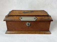 C1910 Antique Edwardian Locking Oak Cigarette Box with Metal Mounts