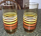 SET of 2 Vtg ANCHOR HOCKING Striped Amber Glass Drinking Tumblers 6” 1970’s GUC
