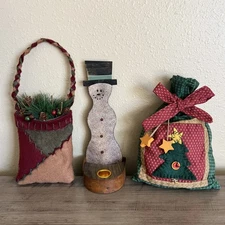 Primitive Christmas Home Decor Lot Of 3 Country Candlestick Holder Sack