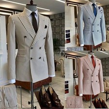 Men Seersucker Suit Striped Business Leisure Groom Tuxedo Party Prom Custom