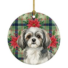 Grey and White Tibetan Spaniel Christmas Poinsettas Ceramic Ornament WDK8841CO1