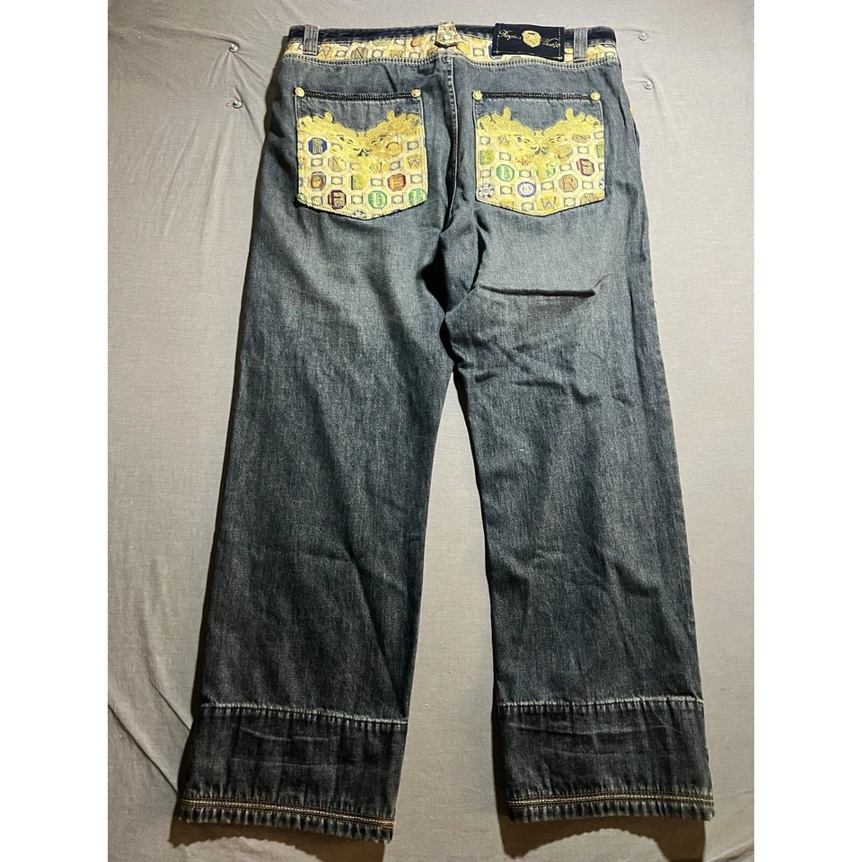Vintage Crown Holder Jeans 42x35 Jeans Blue Denim Pocket Embroidered Hip Hop Y2k - Image 2 of 4