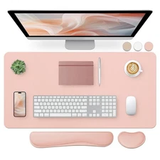 31.5x15.7 inch Pink Leather Desk Pad Set with Keyboard Mouse Wrist Rest