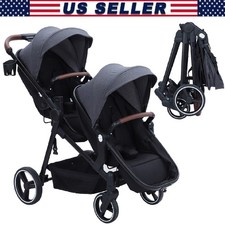 Double Track Tandem Stroller, Foldable Bassinet Pram for Infant and Toddler Gray