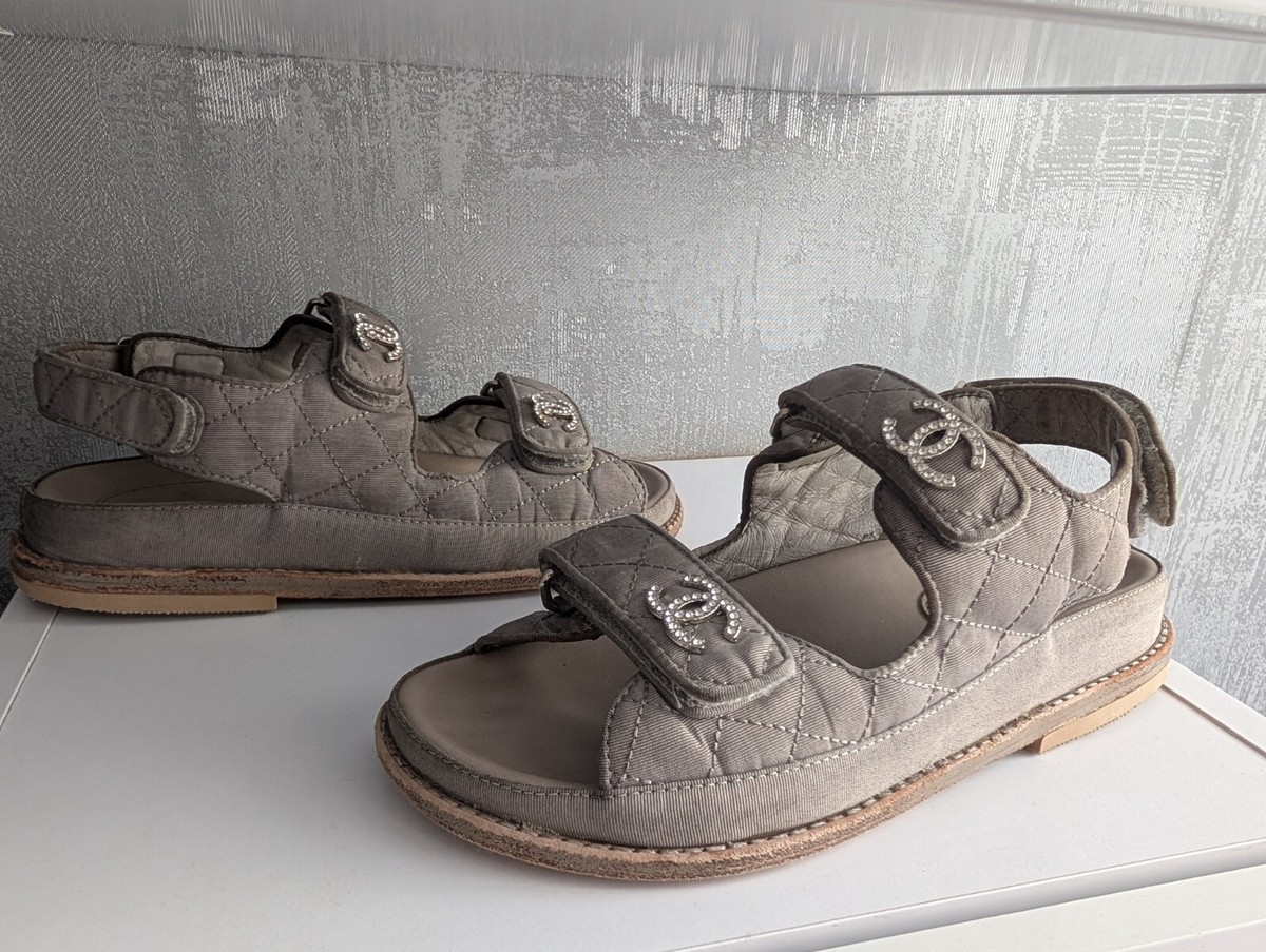 Chanel CC Crystal Logo Fabric Cloth Gray Dad Sandals Shoes Flats