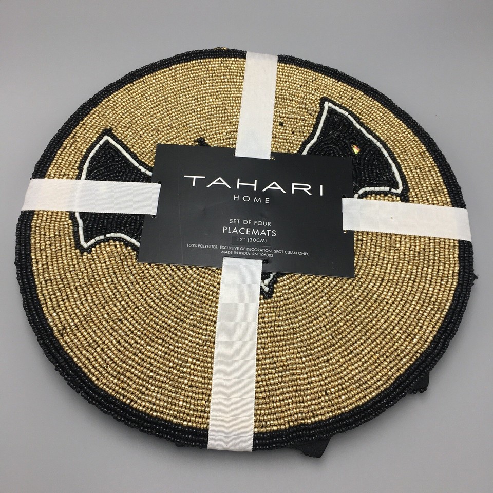 x4 Tahari Halloween Beaded Placemat Set Bat Pumpkin Spiderweb Spider