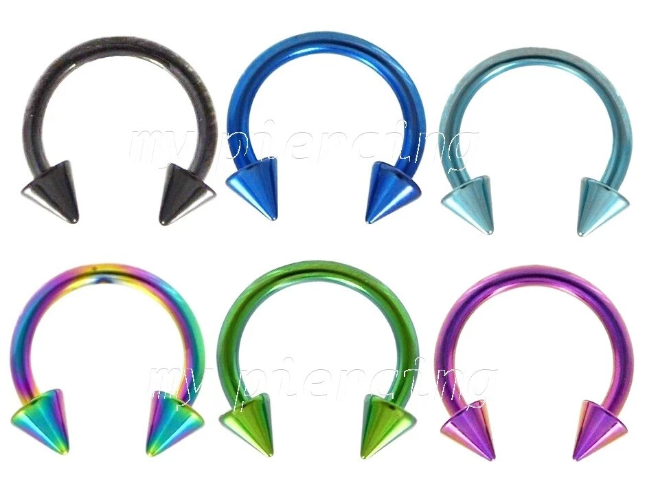 PAIR Anodized Spiked Horseshoe Circular Barbell Earrings Labret 18g 16g 14g 12g  - Image 3 of 4