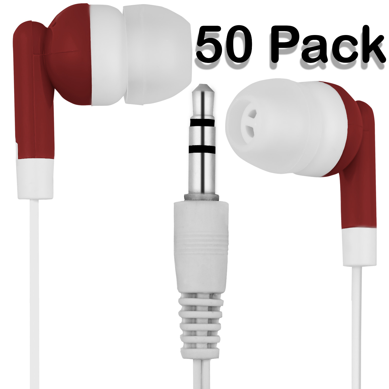Bulk Lot of 50 Red/White School Classroom Earbuds - Individually Bagged