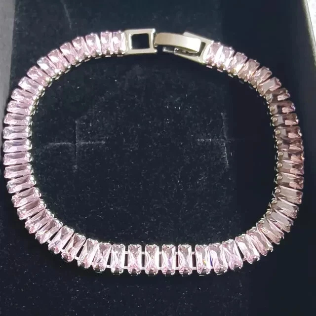 Pulsera Tenis Regalo para Ella Baguette Simulado Zafiro Rosa Acero Inoxidable Foto 3 de 4