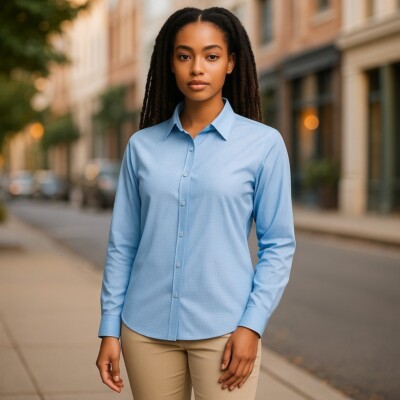 North End Women's Checked Twill Dress Shirt - Light Blue - Size Medium |  eBay