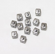 6mm Silver Metallic Alphabet Beads Black Letter "J" 100pc