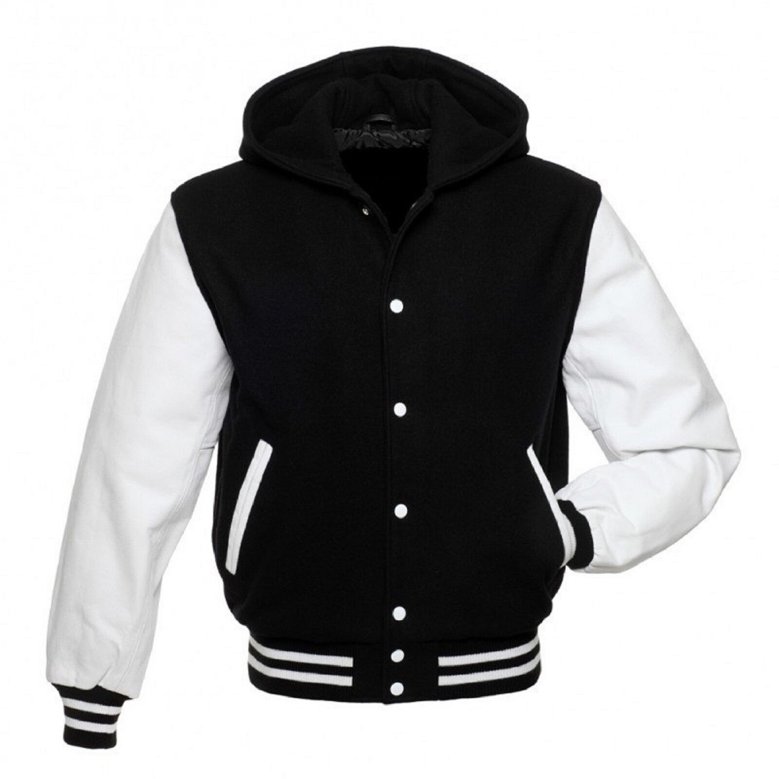 Chaqueta con Capucha Bombardero Hombre,s Varsity Letterman Lana Negra y Mangas de Cuero Blanco