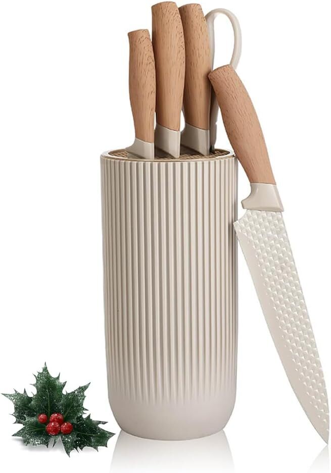 Knife Set, 6-Piece Khaki Kitchen Set with Universal Block,-image