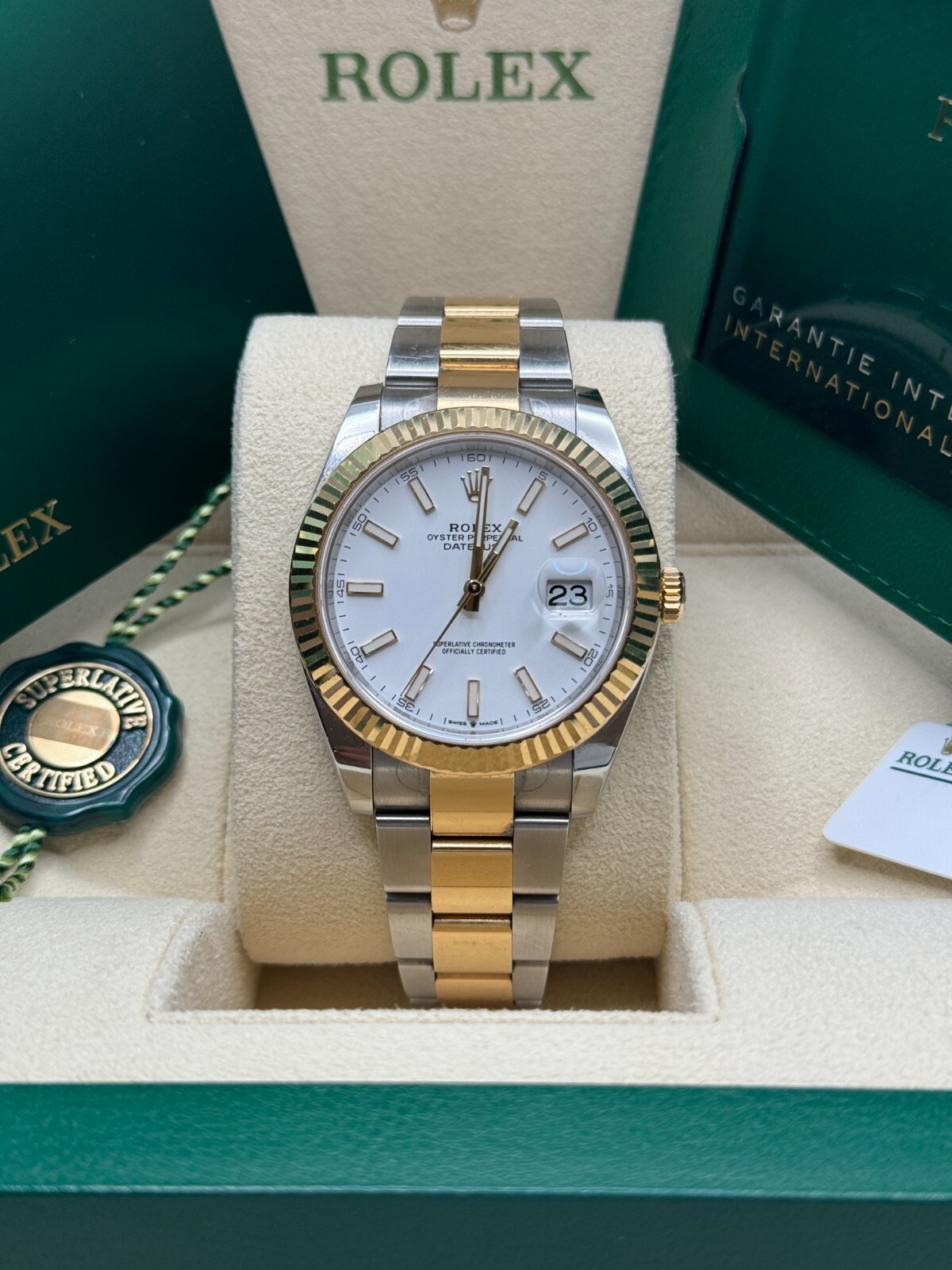 Rolex Datejust 41 White Stick Dial Two Tone Yellow Gold Fluted