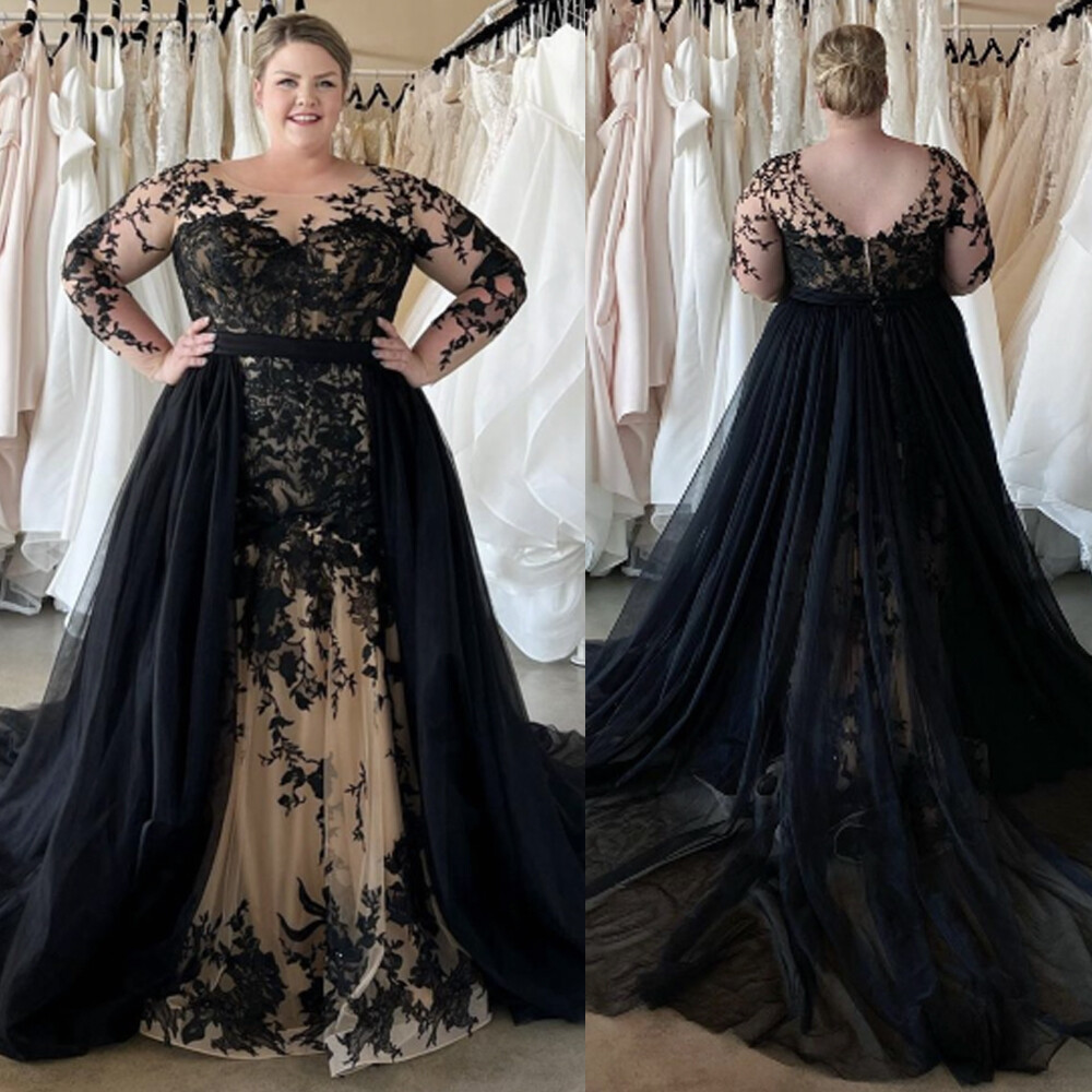 Black Gothic Plus Size Wedding Dresses Detachable Train Backless Bridal Gowns- Black Gothic Plus Size Wedding Dresses Detachable Train Backless Bridal Gowns-