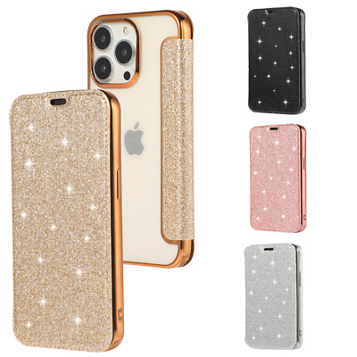 Für iPhone 11 14 13 12 8 Plus XR 7 Bling einfarbig PU Leder Flip Case Handyhülle