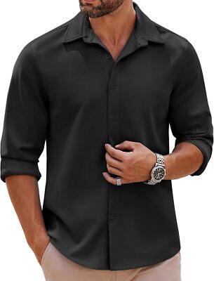 Mens Long Sleeve Stretch Button Down Shirt Casual Untucked Fit Work Office Wear