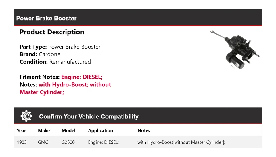 Para 1983 GMC G2500 DIESEL Power Brake Booster Cardone - Imagem 2 de 4