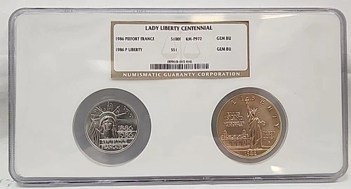1986 Silver $1 Dollar Liberty Centennial Set Piefort France 100 Franc NGC  RM238
