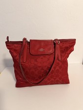 Coach 33475 Ward Signature Nylon Red Tote Bag With Leather Handles