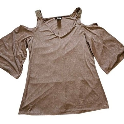 S. Levine Top Women Large Taupe Cold Shoulder Rhinestone Shimmer Bell Sleeve