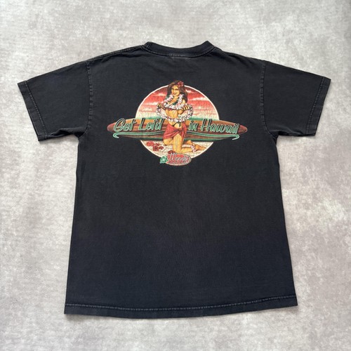 Vintage Woody's Longboards Hawaii Shirt Mens M Black Pin-Up Surf Hula
