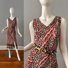 Vintage 90s Animal Cheetah Print Slip Midi Dress S/M