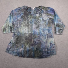 ¹CJ Banks Shirt Womens 2X Plus Blue Paisley Embellished 3/4 Sleeve Sheer Tunic