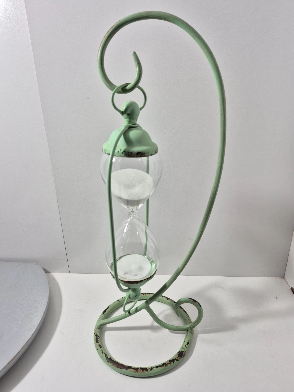 Vintage Decor Metal 14 Minute Hourglass on Distressed Rustic Finish Green Stand