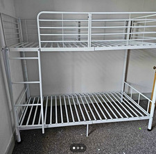 White Metal Single Bunk Bed with Built-In Ladder & Guard Rails