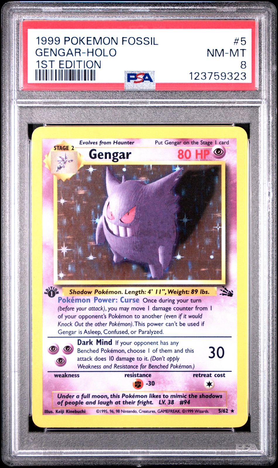 1999 POKEMON FOSSIL 1ST ED #5 GENGAR-HOLO PSA 8