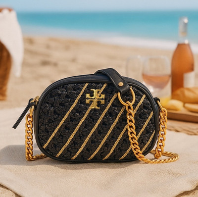 NEW Tory Burch Kira Crochet Raffia Small Black Crossbody/Camera