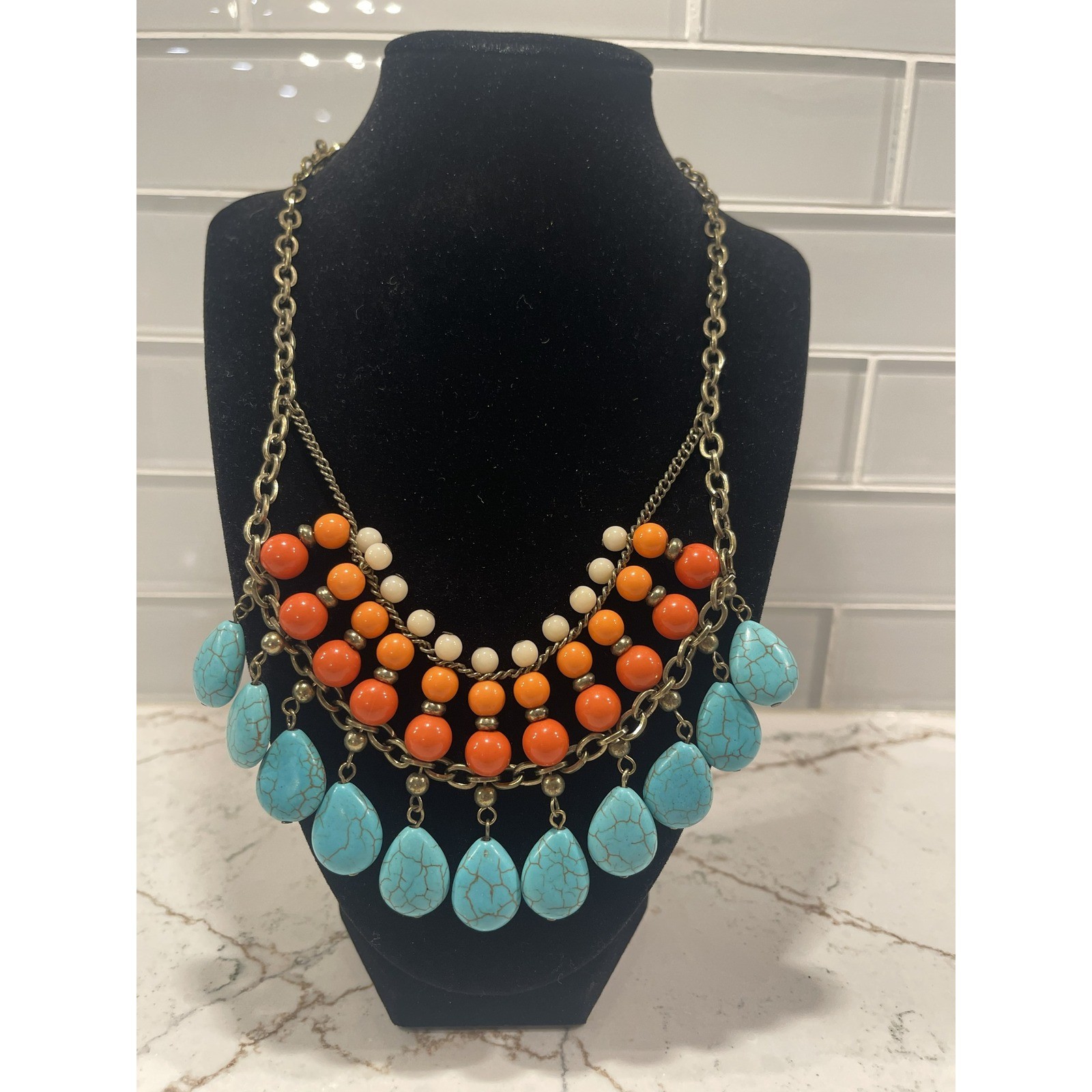 Boho Turquoise Orange Beaded Statement Necklace B… - image 1