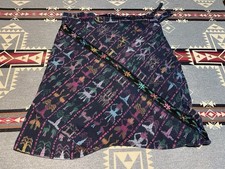 Vintage Ikat Wrap Skirt Boho Tribal Embroidered Tie Waist Womens T2
