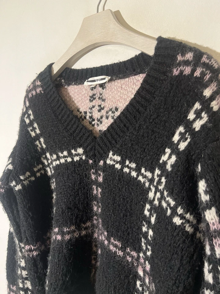 McQueen джемпер M Mohair альпака черный розовый белый винтажный узор McQ пушистый теплый - Изображение 2 из 4