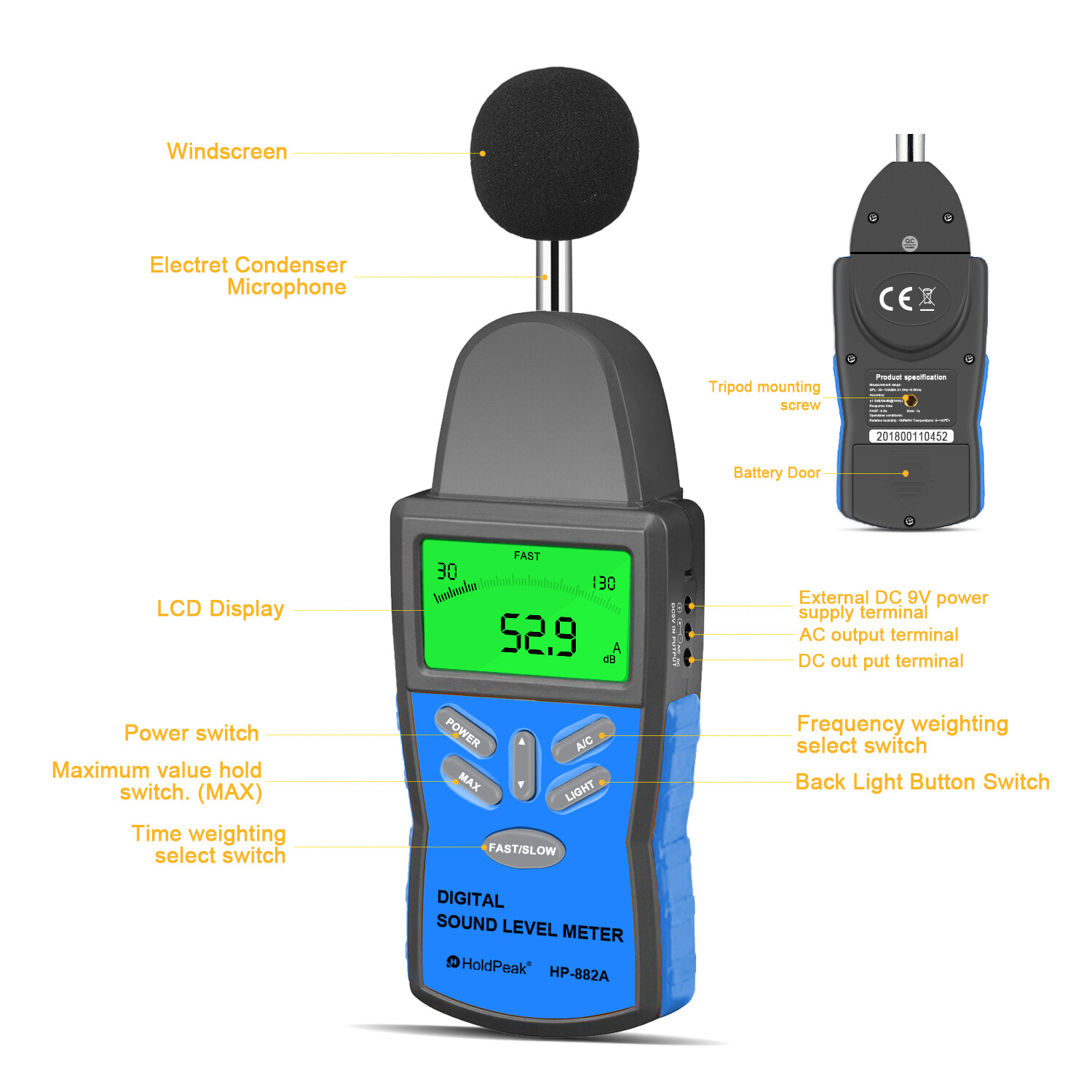 Decibel Meter Sound Level Reader DB Meter Noise Detector 130dBA/130dBC ...