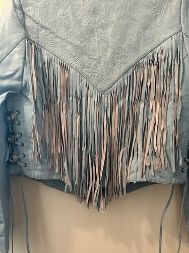 One Teaspoon WANDERER Fringed Baby Blue Dream Short Lined Leather Jacket NWT XS - Picture 22 of 24