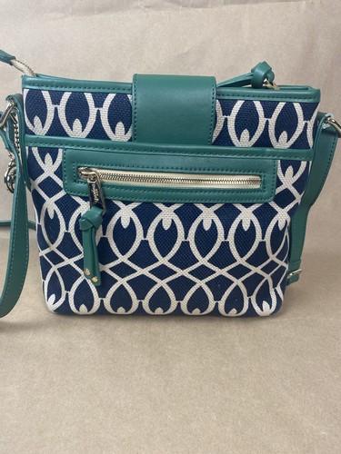 Spartina 449 Crossbody Shoulder Purse Navy Green Linen Leather 9” X 10” - Picture 5 of 23