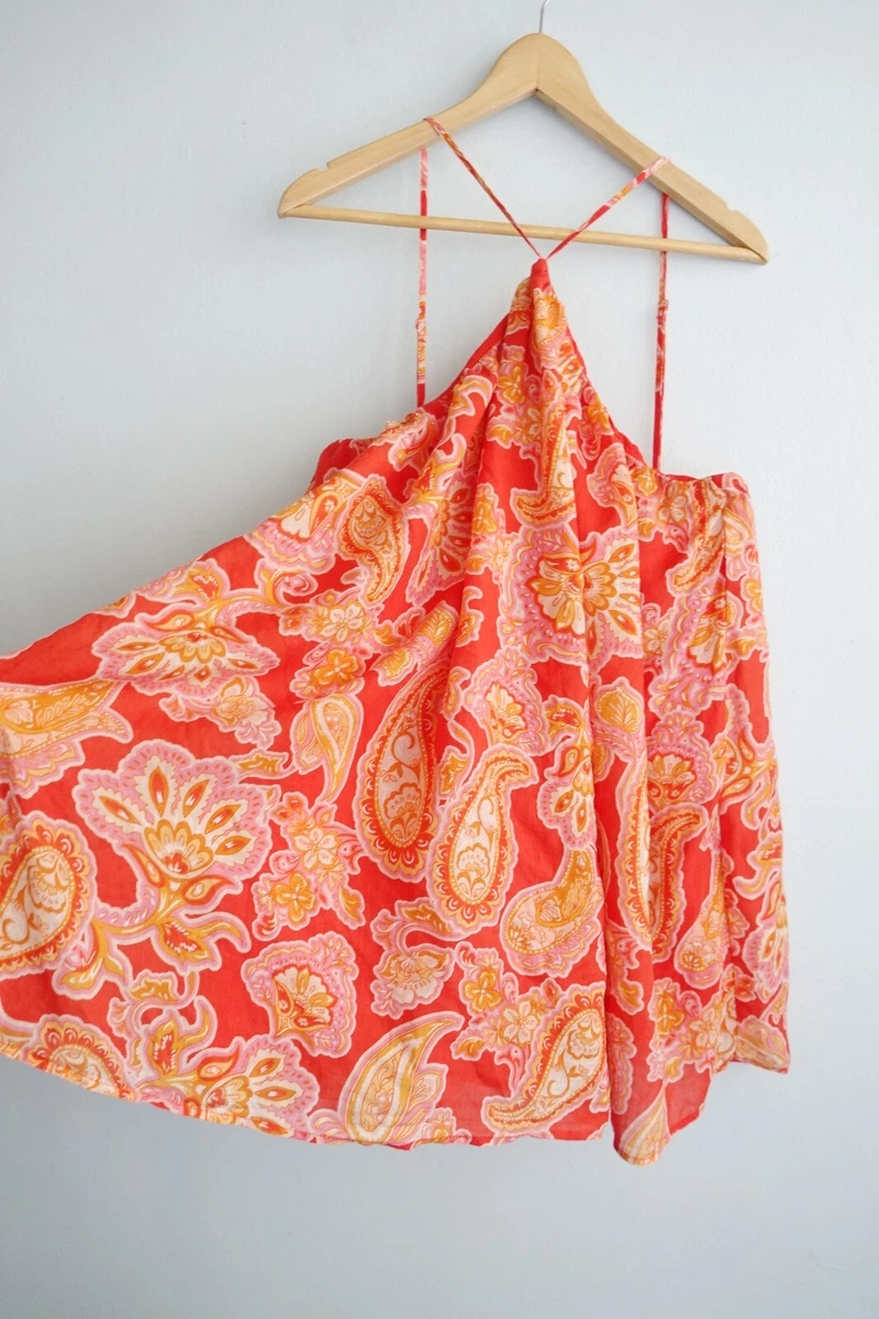 AERE Top Womens size 12 Red Orange Paisley Flowy Swing Ramie Coastal Resort Boho